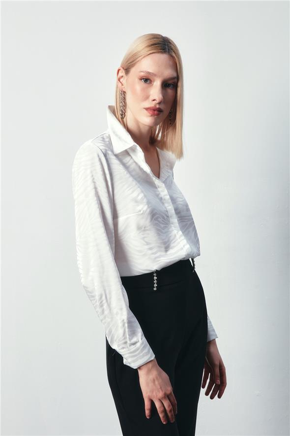 Desenli Düz Klasik Gömlek - Ekru