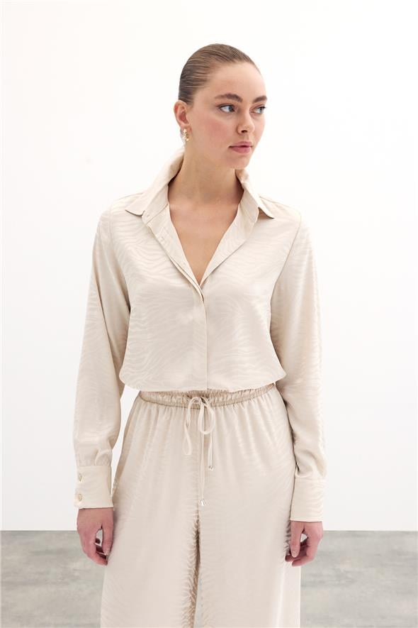 Desenli Düz Klasik Gömlek - Taş