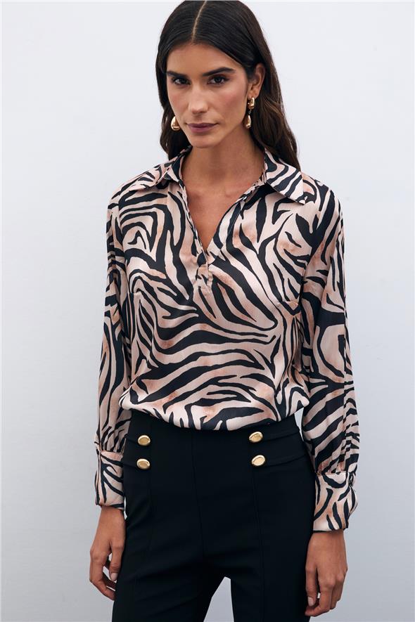 Desenli Gömlek Yaka Bluz - Siyah