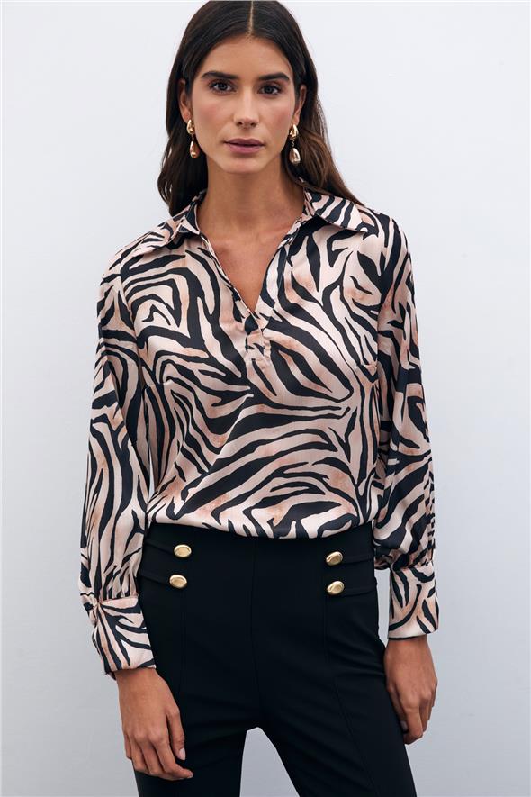 Desenli Gömlek Yaka Bluz - Siyah