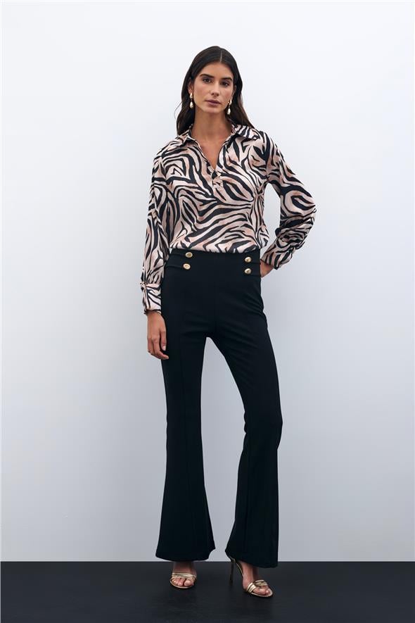 Desenli Gömlek Yaka Bluz - Siyah