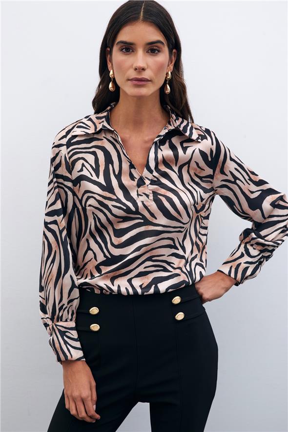 Desenli Gömlek Yaka Bluz - Siyah