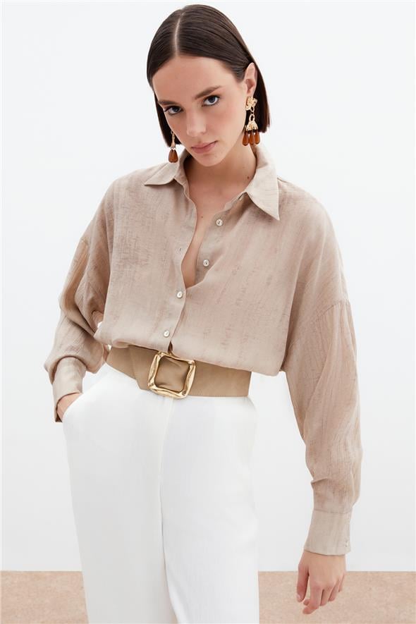 Desenli İnce Salaş Gömlek - Bej