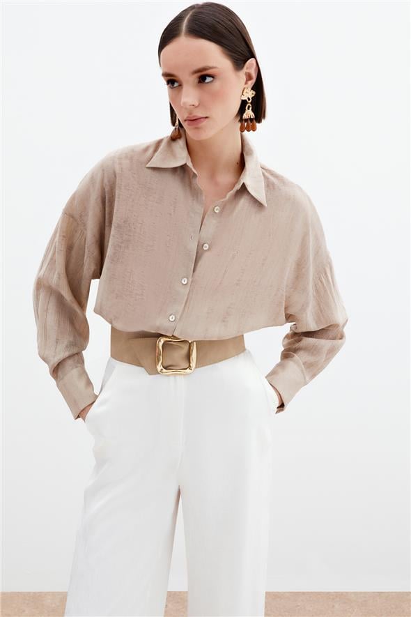 Desenli İnce Salaş Gömlek - Bej