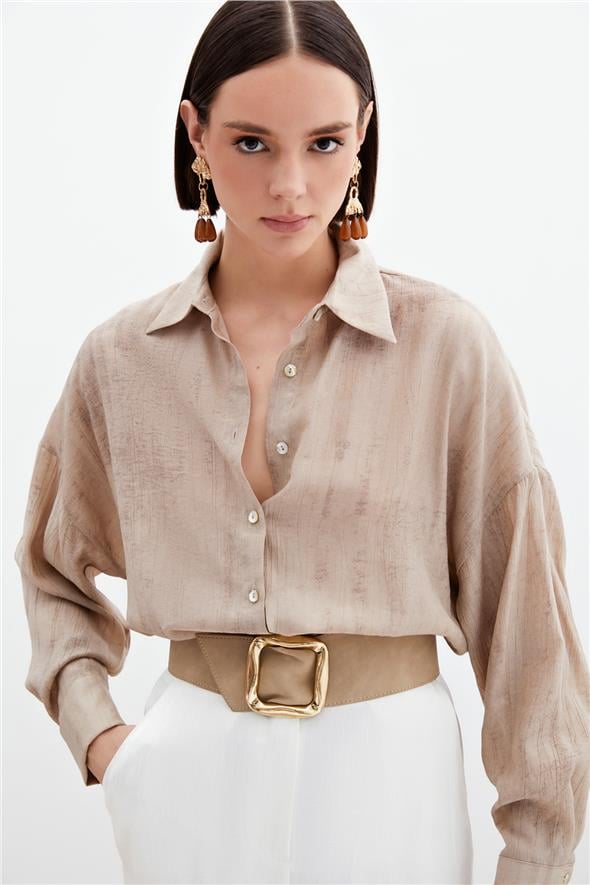 Desenli İnce Salaş Gömlek - Bej