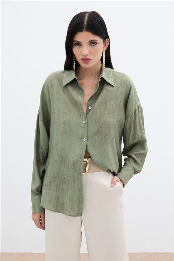 Desenli İnce Salaş Gömlek - Haki