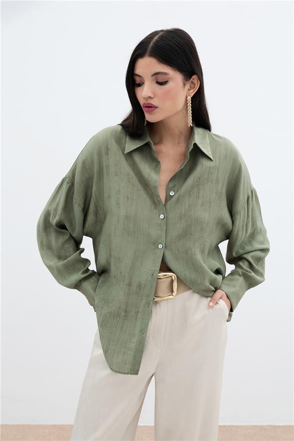 Desenli İnce Salaş Gömlek - Haki