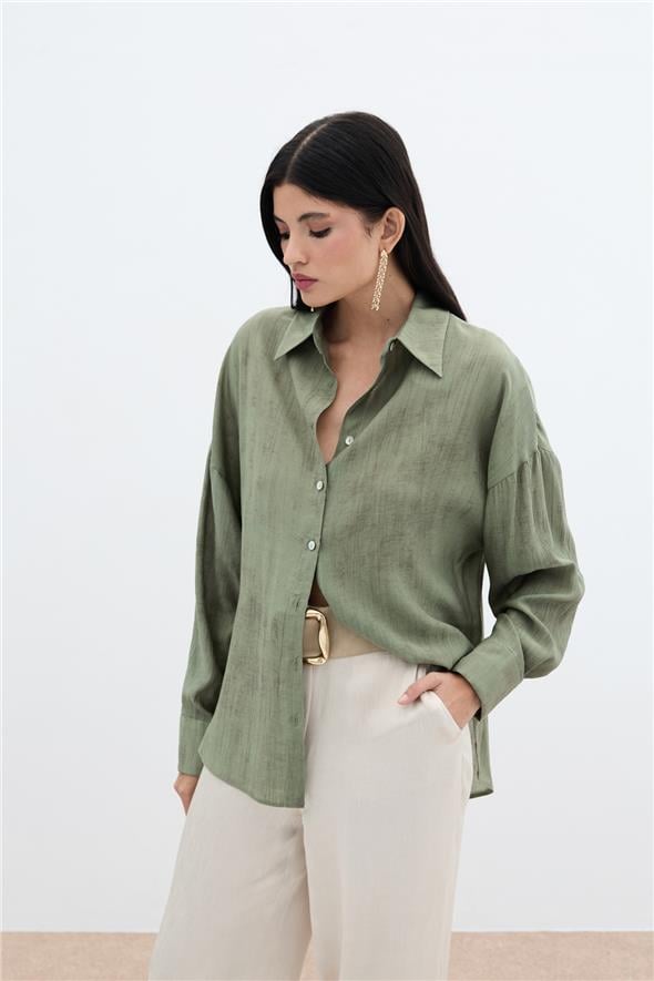 Desenli İnce Salaş Gömlek - Haki