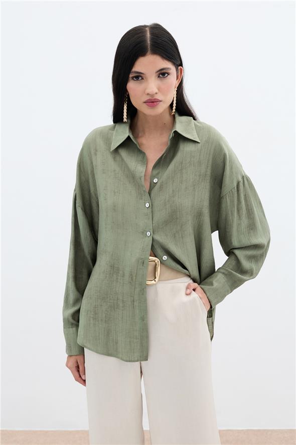 Desenli İnce Salaş Gömlek - Haki