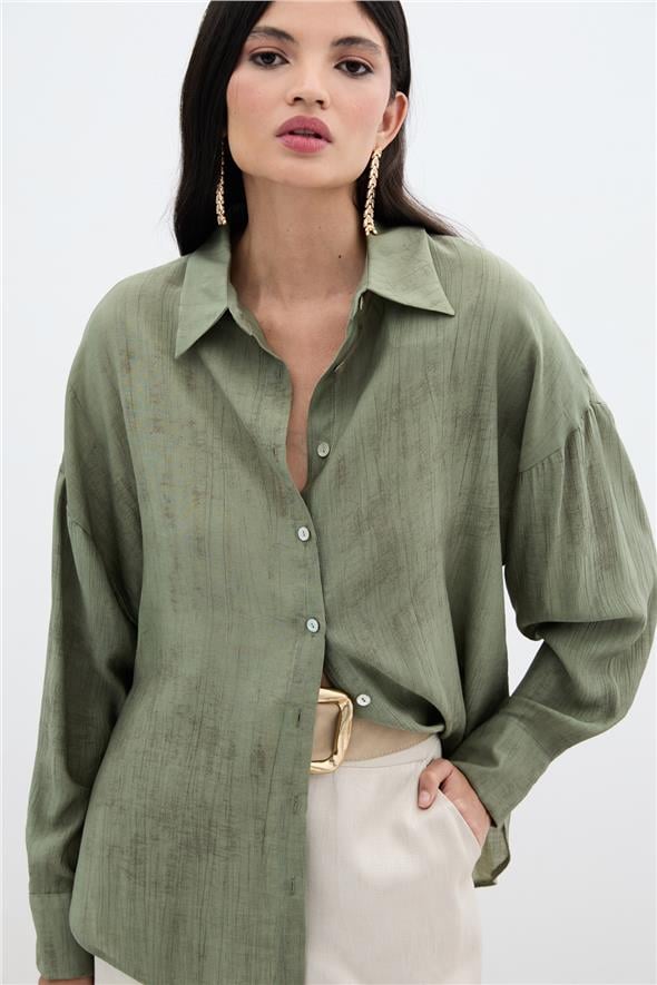 Desenli İnce Salaş Gömlek - Haki