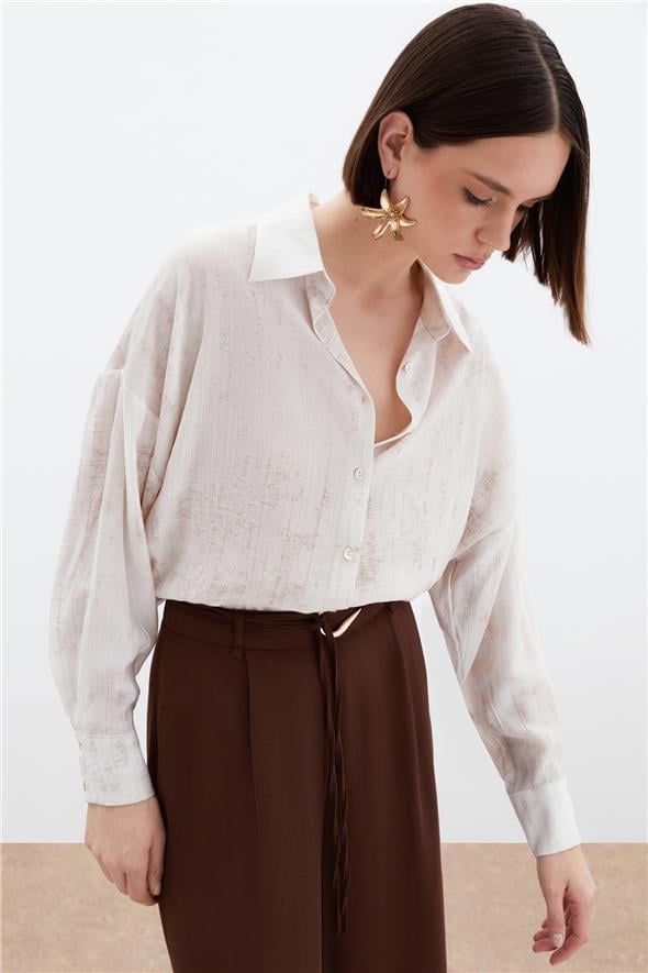 Desenli İnce Salaş Gömlek - Taş