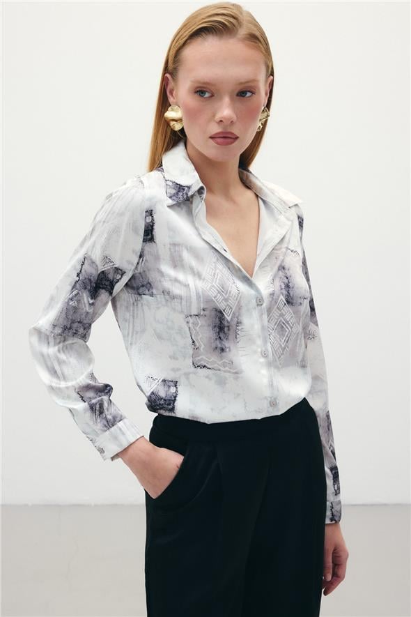 Desenli Klasik Gömlek - Bej