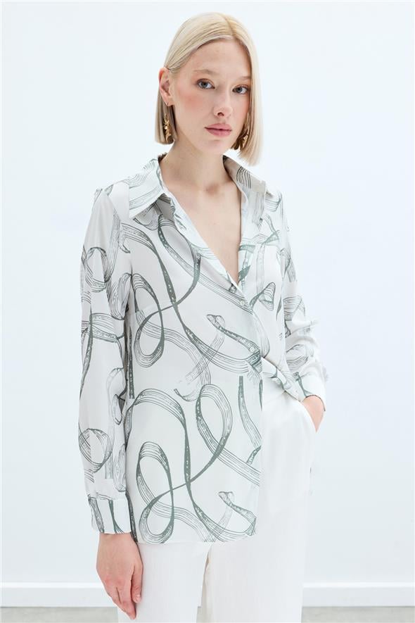 Desenli Klasik Gömlek - Haki