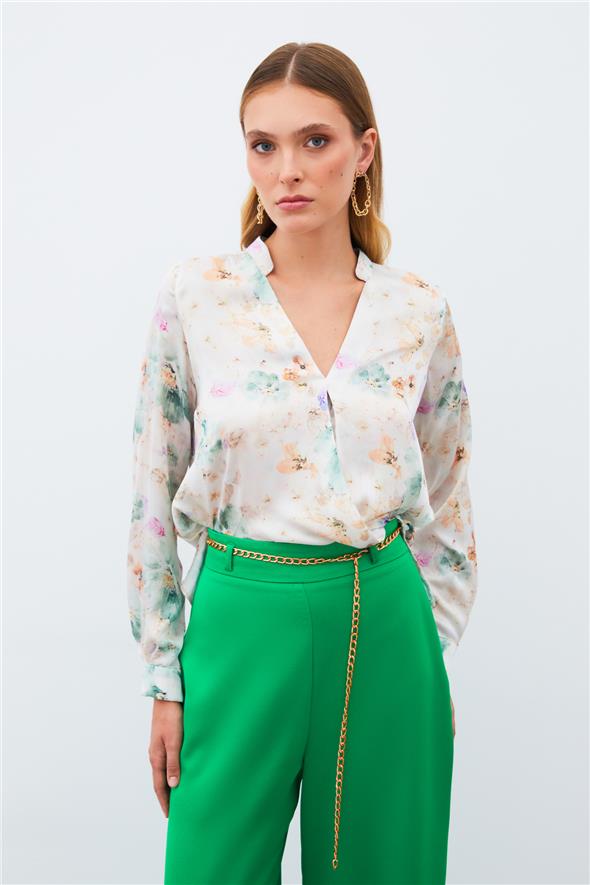 Desenli Kruvaze Bluz - Çağla Yeşili