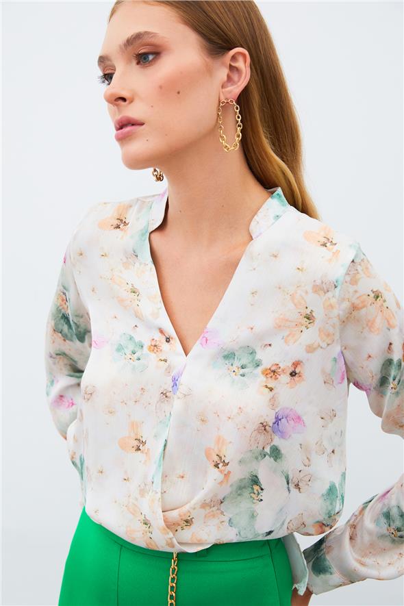 Desenli Kruvaze Bluz - Çağla Yeşili
