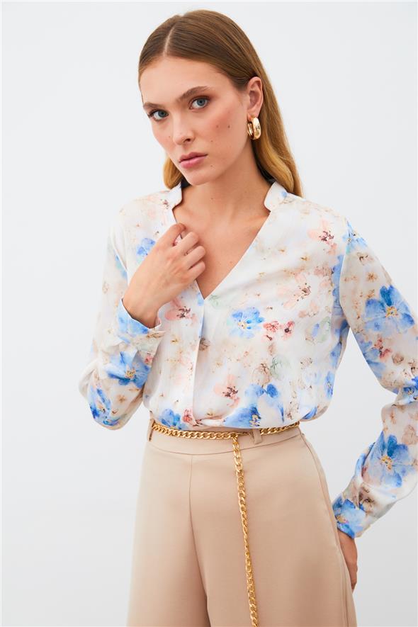 Desenli Kruvaze Bluz - Mavi