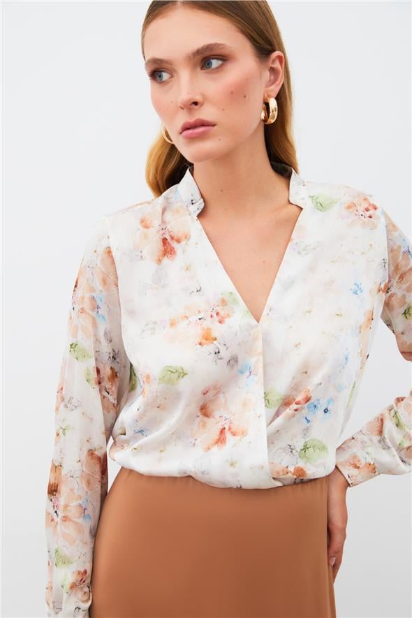 Desenli Kruvaze Bluz - Vizon