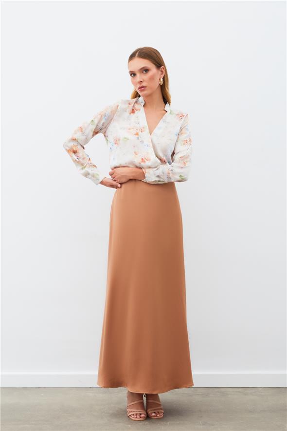 Desenli Kruvaze Bluz - Vizon