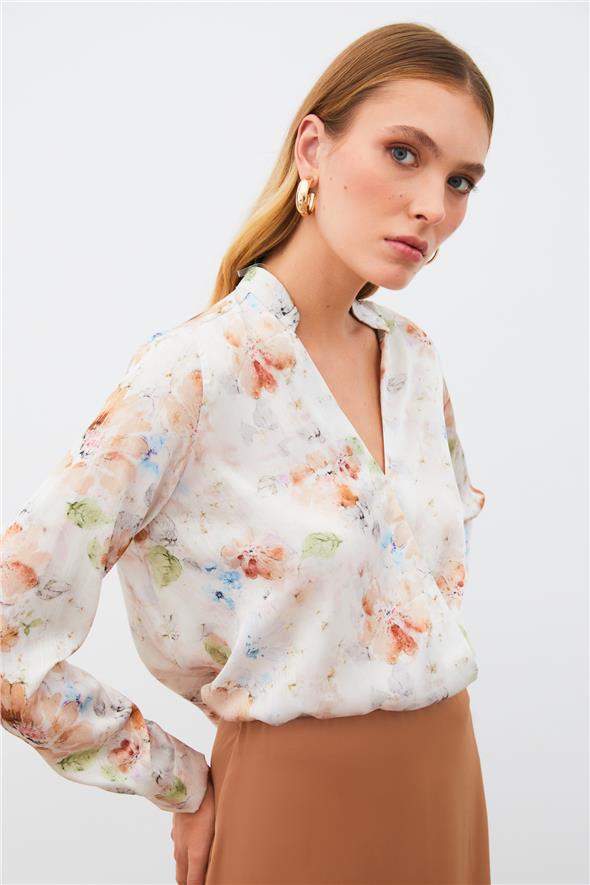 Desenli Kruvaze Bluz - Vizon