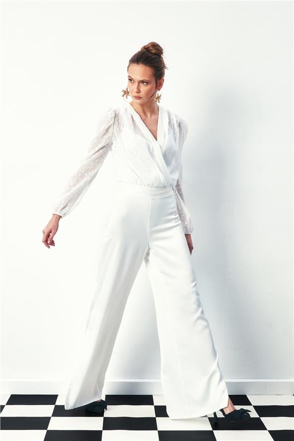 Desenli Kruvaze Bodysuit Bluz - Ekru