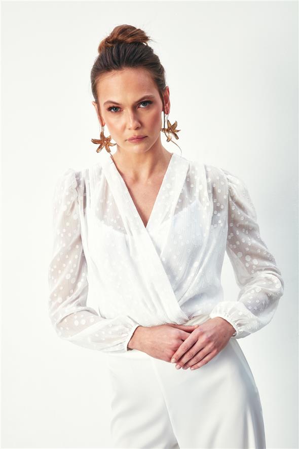 Desenli Kruvaze Bodysuit Bluz - Ekru