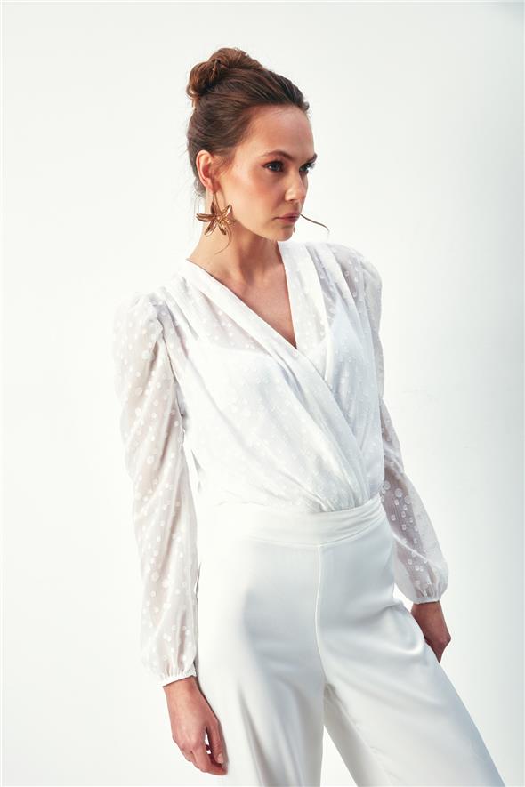 Desenli Kruvaze Bodysuit Bluz - Ekru