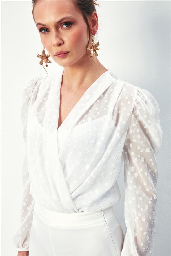 Desenli Kruvaze Bodysuit Bluz - Ekru