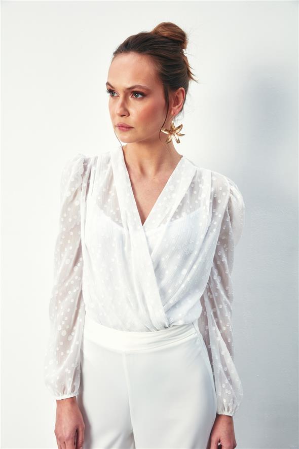 Desenli Kruvaze Bodysuit Bluz - Ekru