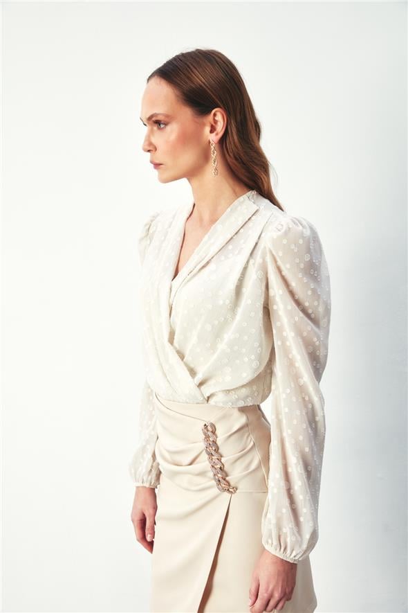 Desenli Kruvaze Bodysuit Bluz - Taş