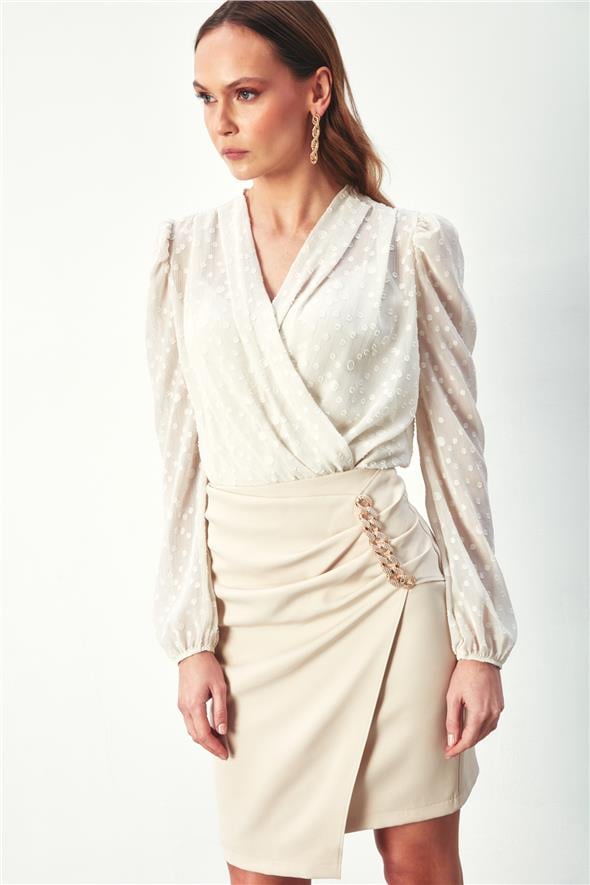 Desenli Kruvaze Bodysuit Bluz - Taş