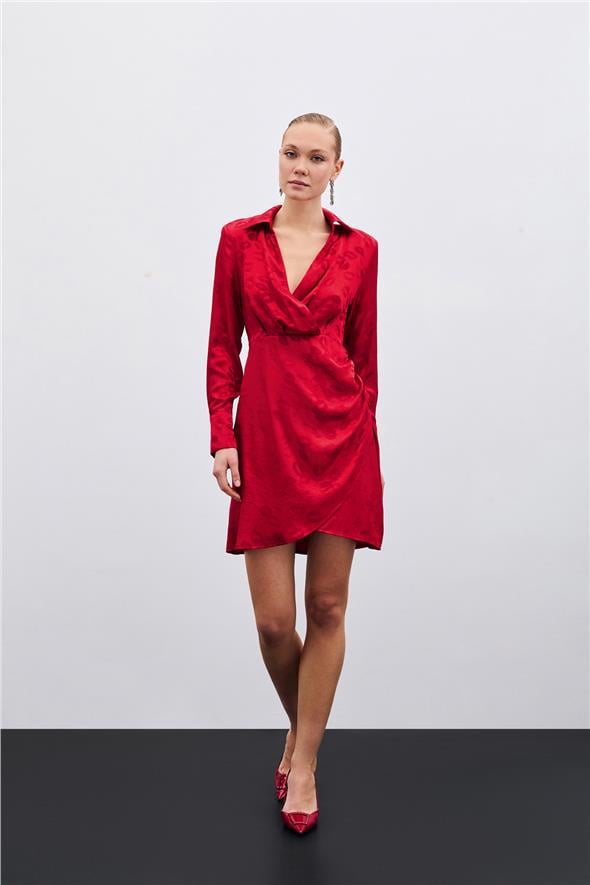 Desenli Kruvaze Elbise - Kırmızı