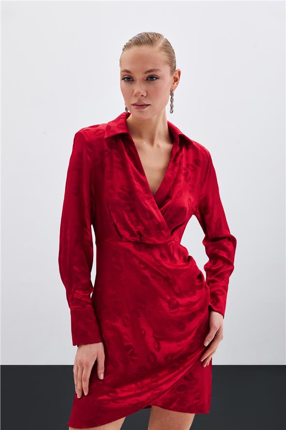 Desenli Kruvaze Elbise - Kırmızı