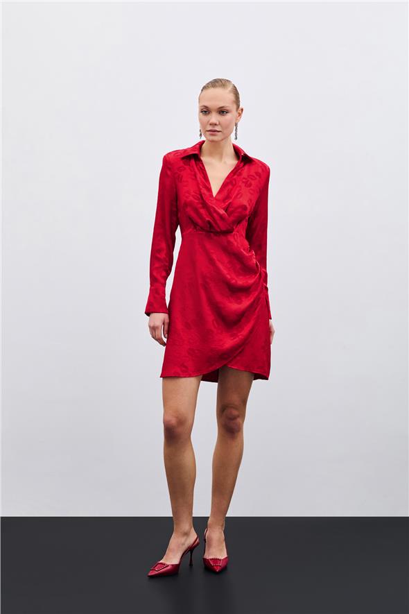 Desenli Kruvaze Elbise - Kırmızı