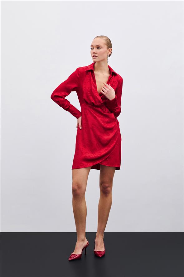 Desenli Kruvaze Elbise - Kırmızı