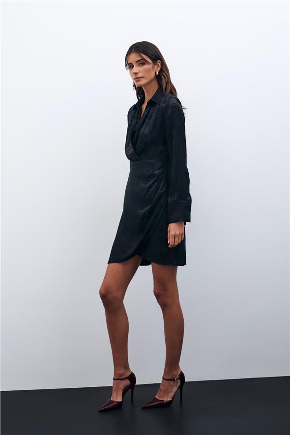 Desenli Kruvaze Elbise - Siyah