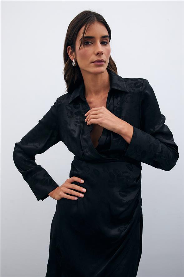 Desenli Kruvaze Elbise - Siyah