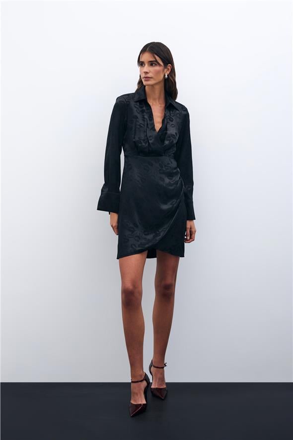 Desenli Kruvaze Elbise - Siyah