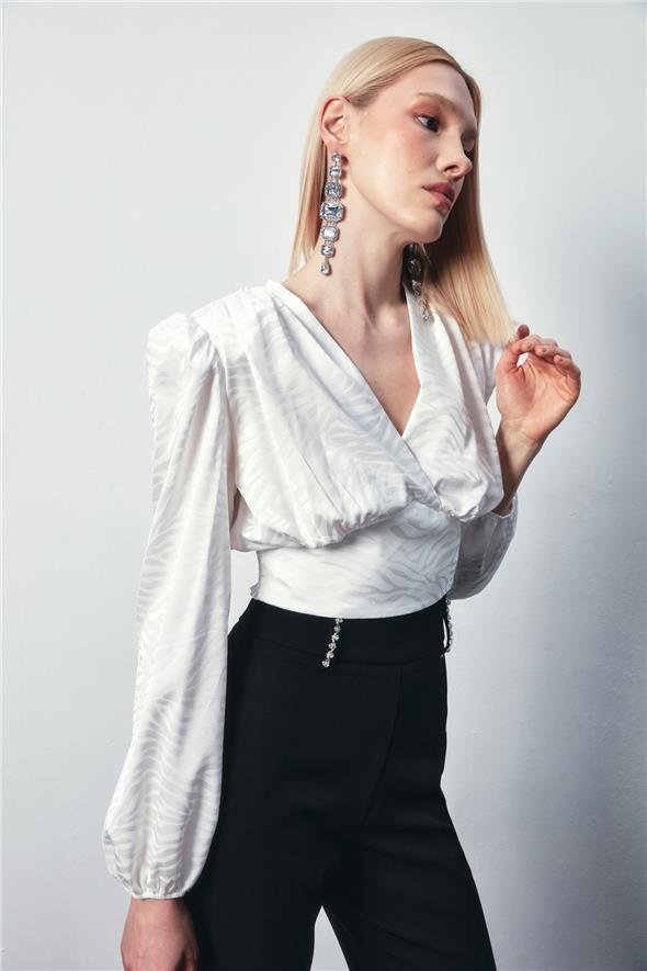 Desenli Kruvaze Saten Bluz - Ekru