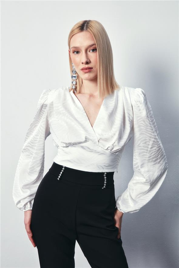 Desenli Kruvaze Saten Bluz - Ekru