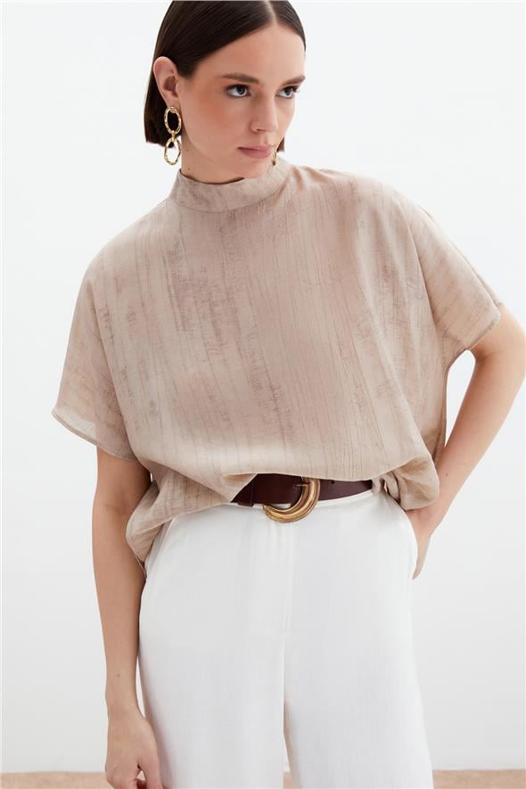 Desenli Salaş Bluz - Bej