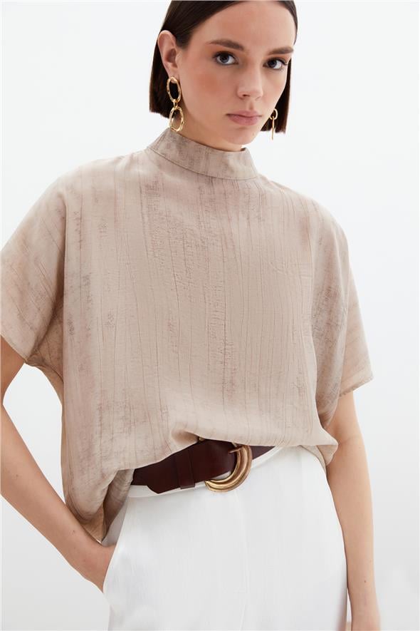 Desenli Salaş Bluz - Bej