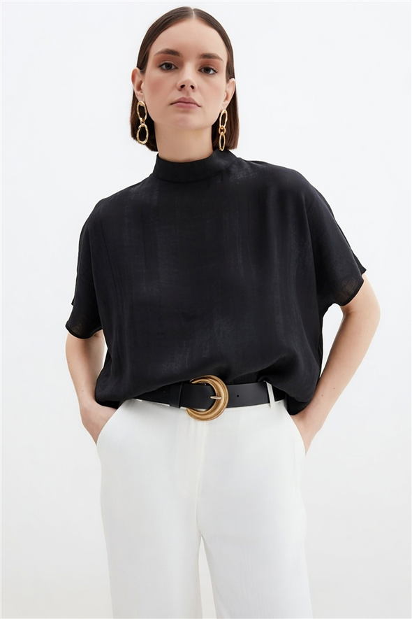 Desenli Salaş Bluz - Siyah