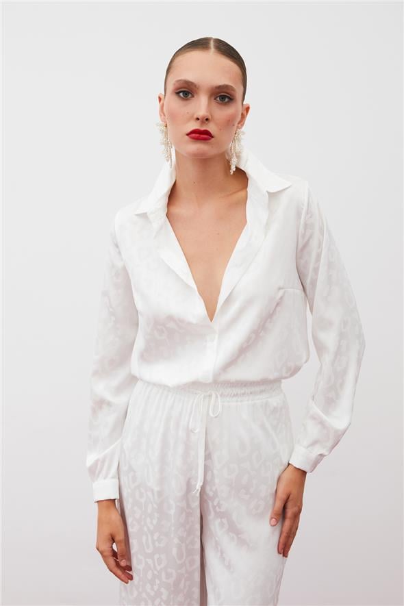 Desenli Saten Gömlek - EKRU