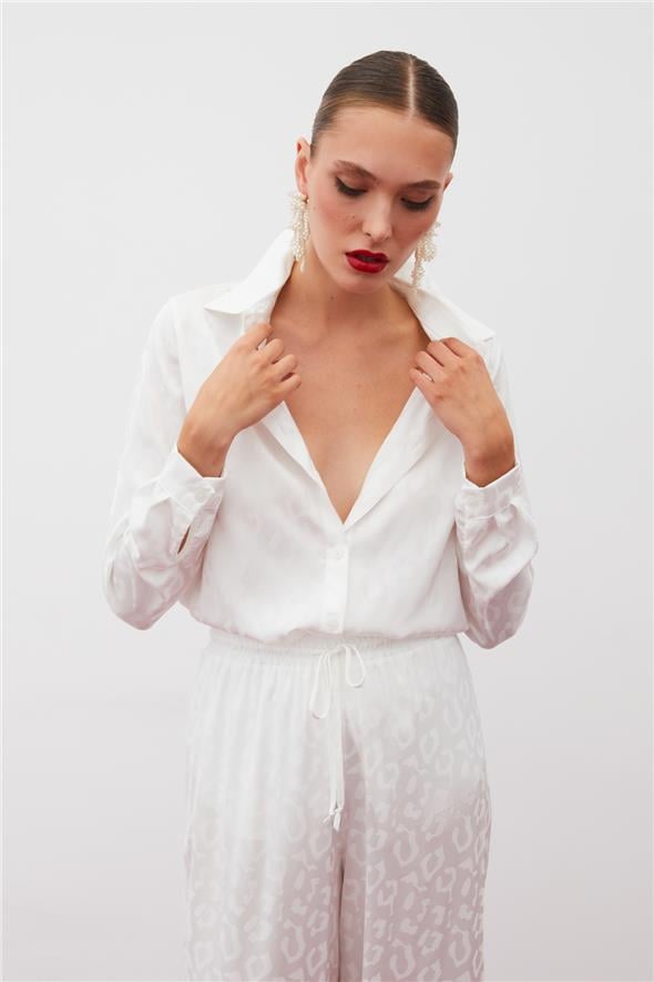 Desenli Saten Gömlek - EKRU