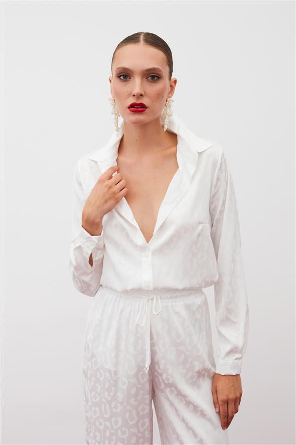 Desenli Saten Gömlek - EKRU