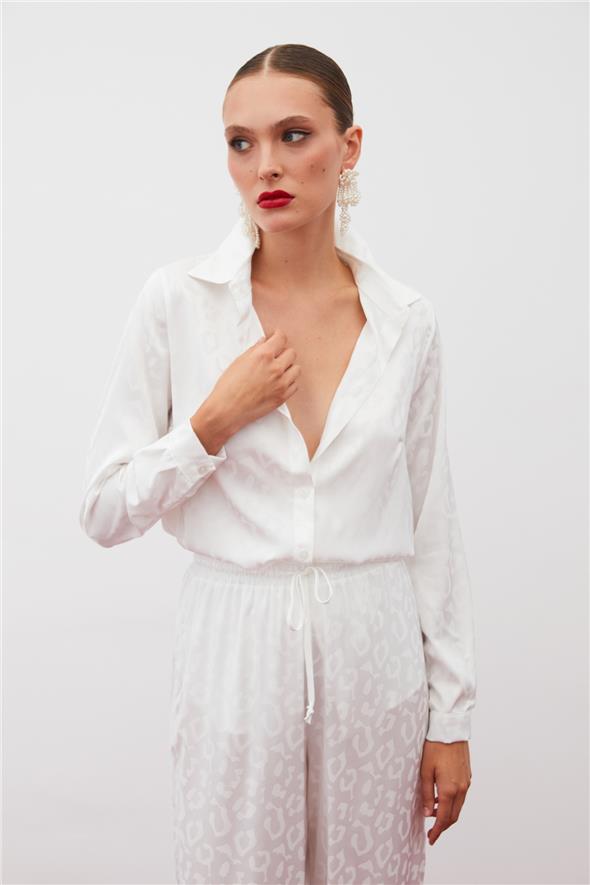 Desenli Saten Gömlek - EKRU