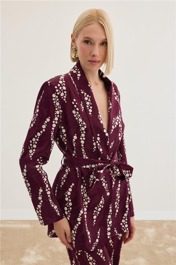 Desenli Uzun Ceket - Bordo