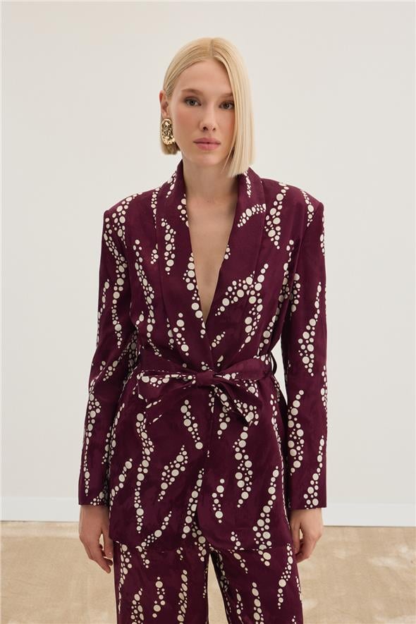 Desenli Uzun Ceket - Bordo