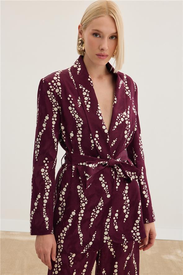 Desenli Uzun Ceket - Bordo