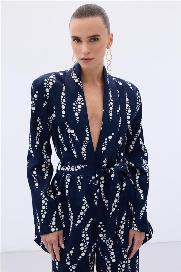 Desenli Uzun Ceket - Lacivert